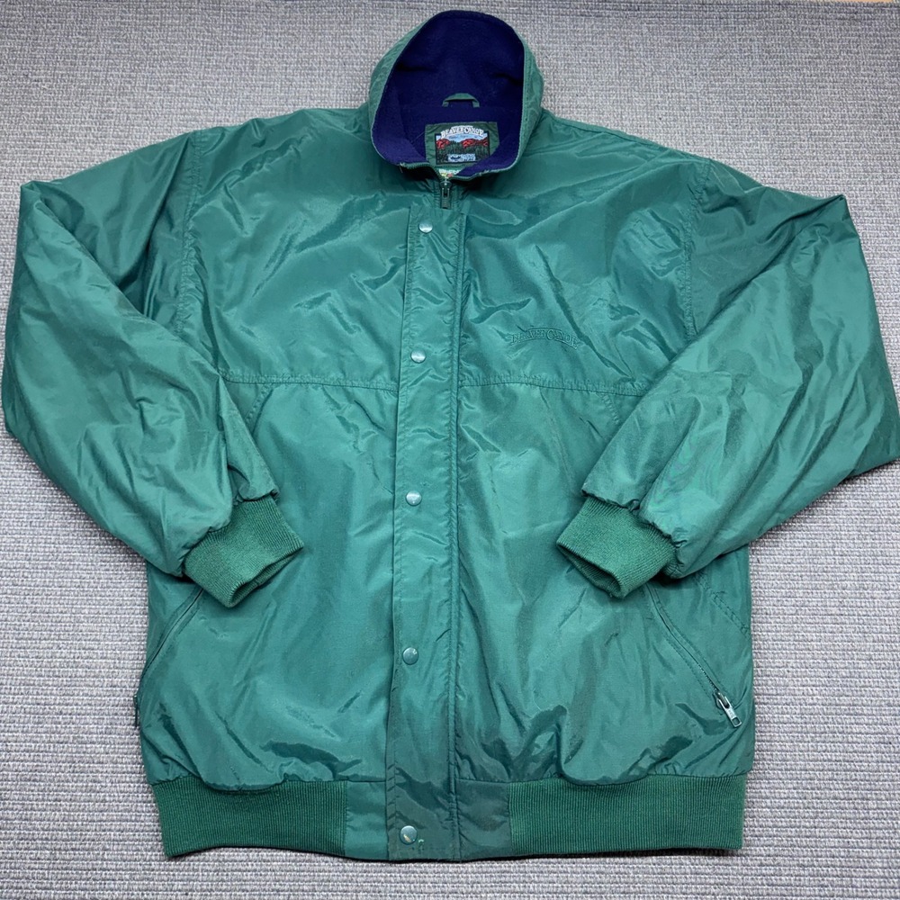 Vintage Beaver Canoe Green Nylon Bomber Jacket Fleece Lined Mens Large L